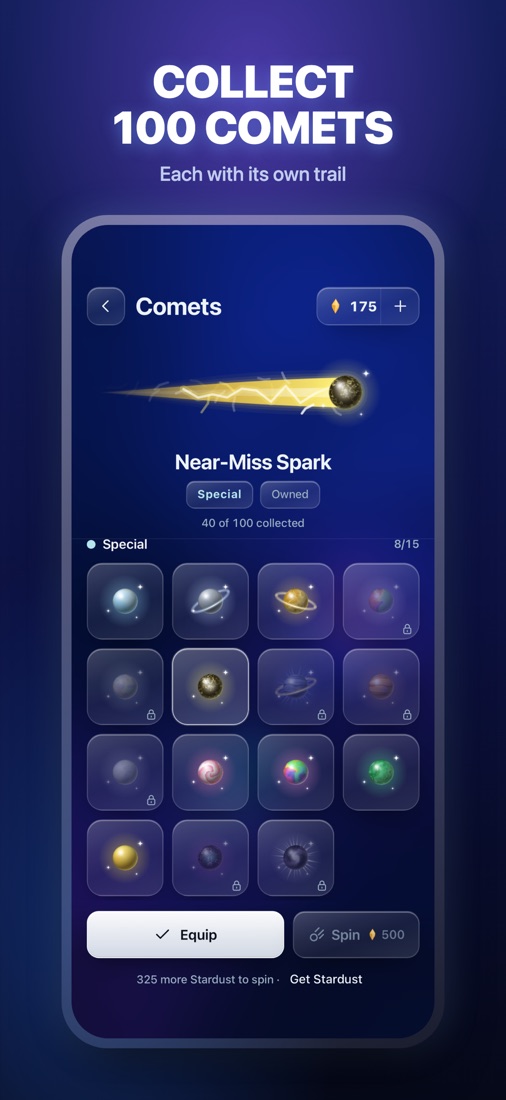 The Comets screen in Orbit Glide